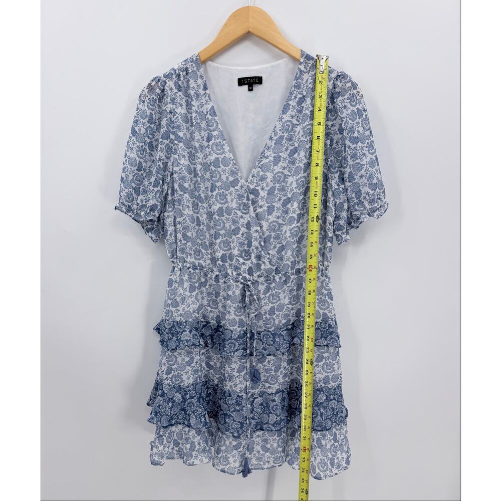 1.State Blue White Paisley Tiered Ruffle Mini Dress Puff Sleeve Tie Waist Medium - Picture 6 of 9